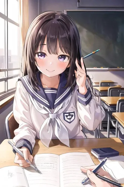 masterpiece, best quality,ultra detail, <lora:anmnr01:0.3>, <lora:GoodHands-vanilla:0.7> <lora:add_detail:0.5>,1girl, <lora:PovStudy:0.7>,class room desk,stationaly,sailor uniform,smile,pointing viewer, hold pencil, <lora:sensualface_type1:1>,leaning forward