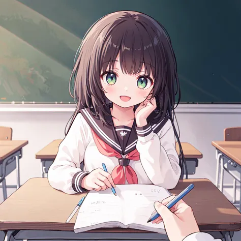 1girl, (masterpiece, top quality, best quality, official art, beautiful and aesthetic,:1.2),
PovStudy, long hair, looking at viewer, blush, smile, open mouth, bangs, multiple girls, skirt, shirt, black hair, long sleeves, holding, 2girls, school uniform, green eyes, standing, white shirt, :d, pleated skirt, serafuku, solo focus, puffy sleeves, indoors, black skirt, sailor collar, black shirt, pov, ^^^, desk, puffy long sleeves, out of frame, black sailor collar, black serafuku, classroom, school desk, pencil, chalkboard, eraser, holding pencil,
<lora:PovStudy:0.2>
<lora:blade-doodle_v2.0:0.5>