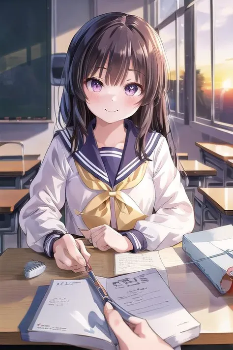 masterpiece, best quality,ultra detail, <lora:anmnr01:0.3>, <lora:GoodHands-vanilla:0.7> <lora:add_detail:0.5>,1girl, <lora:PovStudy:0.7>,class room desk,stationaly,sailor uniform,evil smile,sunset