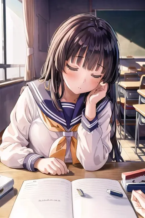 masterpiece, best quality,ultra detail, <lora:anmnr01:0.3>, <lora:GoodHands-vanilla:0.7> <lora:add_detail:0.5>,1girl, <lora:PovStudy:0.7>,class room desk,stationaly,sailor uniform,sleeping,sunset,lay down