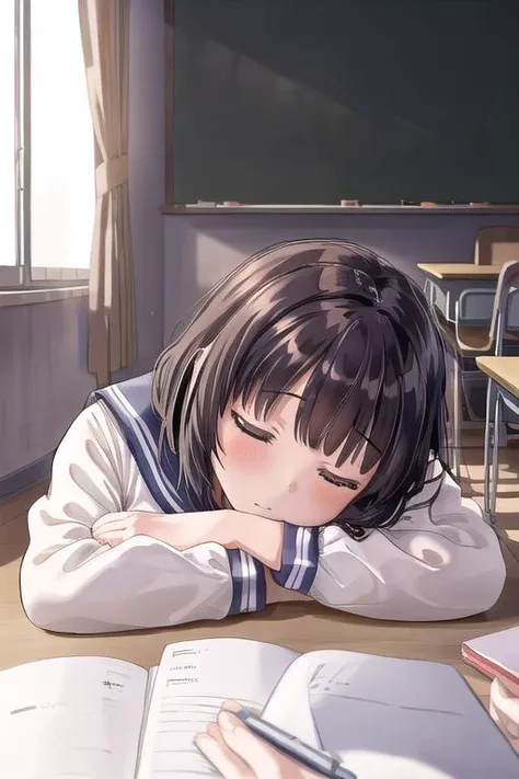 masterpiece, best quality,ultra detail, <lora:anmnr01:0.3>, <lora:GoodHands-vanilla:0.7> <lora:add_detail:0.5>,1girl, <lora:PovStudy:0.7>,class room desk,stationaly,sailor uniform,sleeping,sunset,lay down