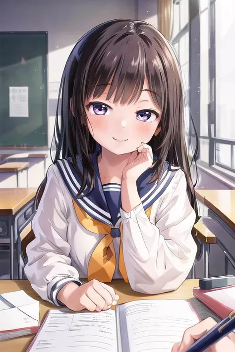 masterpiece, best quality,ultra detail, <lora:anmnr01:0.3>, <lora:GoodHands-vanilla:0.7> <lora:add_detail:0.5>,1girl, <lora:PovStudy:0.7>,class room desk,stationaly,sailor uniform,smile,touching viewer, , <lora:sensualface_type1:1>,bring face closer