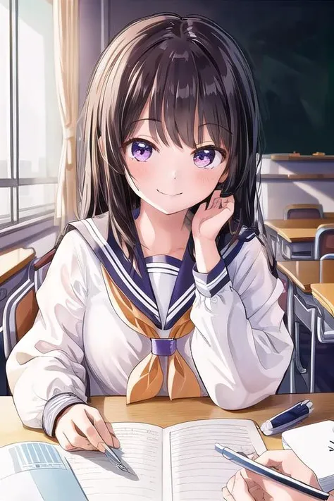 masterpiece, best quality,ultra detail, <lora:anmnr01:0.3>, <lora:GoodHands-vanilla:0.7> <lora:add_detail:0.5>,1girl, <lora:PovStudy:0.7>,class room desk,stationaly,sailor uniform,evil smile