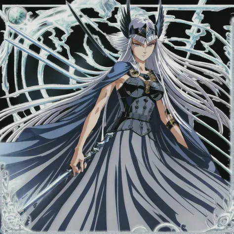 <lora:hilda:0.8>, HILDA, BLUE DRESS, woman holding ice sword, headpiece, masterpiece, high detail, best quality, detailed face, detailed eyes, sketch art, full body, long straight white hairs, long shot, ((anime))