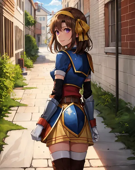 best quality, (masterpiece:1.2), illustration, absurdres, bright colors, vivid colors,
(1girl), (solo), (beautiful detailed girl),
<lora:Anelace-07:0.8>, Anelace Elfead, purple eyes, brown hair, medium hair, long hair, yellow headband, yellow ribbon, small breasts,
armored dress, breastplate, black thighhighs, red skirt, brown boots, white gloves,
(brick wall:1.1), (graffiti:1.1), alleyway, alley, sky, clouds, run down buildings,,
happy, looking at viewer,
from behind,,