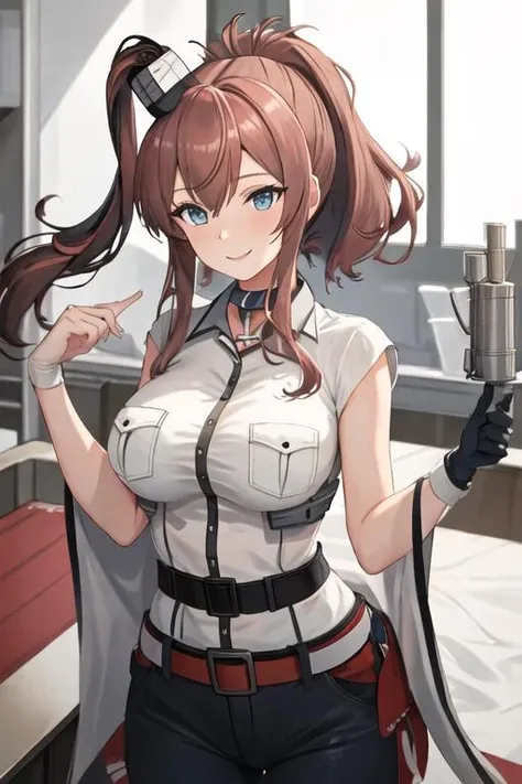 best quality, masterpiece, highres, solo, {saratoga_kantaicollection:1.15}, brown_hair, long_hair, ponytail, side_ponytail, hair_between_eyes, blue_eyes, breasts, sidelocks, large_breasts, smile, pocket, breast_pocket, smokestack, 1girl, anchor, dress, fingerless_gloves, gloves, looking_at_viewer, simple_background, smokestack_hair_ornament, white_dress, black_gloves, upper_body, grey_background, hair_ornament