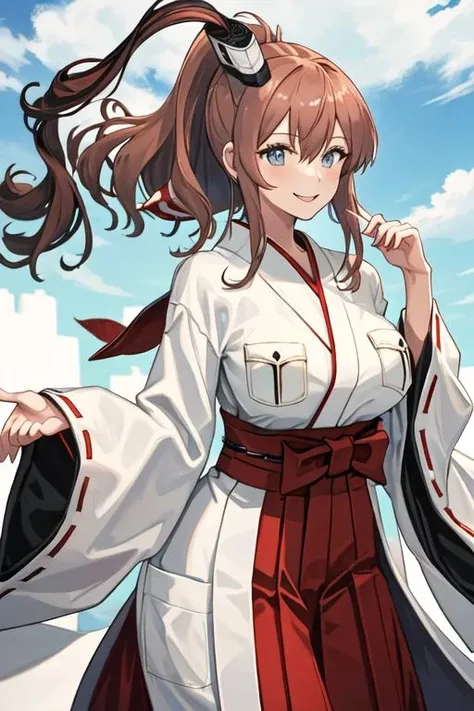 best quality, masterpiece, highres, solo, {white kimono:1.35}, {red hakama:1.35}, {wide sleeves:1.20}, {saratoga_kantaicollection:1.15}, brown_hair, long_hair, ponytail, side_ponytail, hair_between_eyes, blue_eyes, breasts, sidelocks, large_breasts, smile, pocket, breast_pocket, smokestack