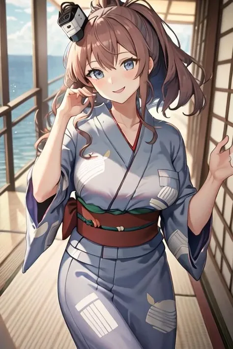 best quality, masterpiece, highres, solo, {yukata:1.40}, {kimono:1.20}, {saratoga_kantaicollection:1.15}, brown_hair, long_hair, ponytail, side_ponytail, hair_between_eyes, blue_eyes, breasts, sidelocks, large_breasts, smile, pocket, breast_pocket, smokestack