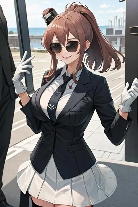 best quality, masterpiece, highres, solo, {black business suit:1.40}, {tie:1.20}, {sunglasses:1.25}, {white gloves:1.15}, {white shirt:1.10}, {black skirt:1.15}, {smoking:1.20}, handsome, {saratoga_kantaicollection:1.15}, brown_hair, long_hair, ponytail, side_ponytail, hair_between_eyes, blue_eyes, breasts, sidelocks, large_breasts, smile, pocket, breast_pocket, smokestack