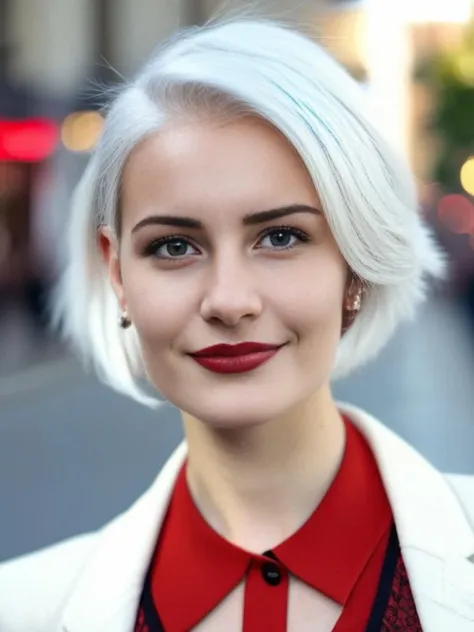 a young woman with white hair wearing a red  fashinable in front of a busy street and looking at the camera, medium close-up shot