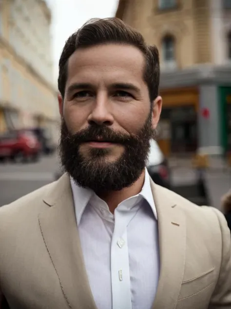 a bearded man, wearing a suit, in front of a busy street, medium close-up shot