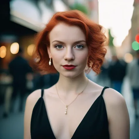 a young woman with red hair wearing a black dress in front of a busy street and looking at the camera, medium close-up shot, nikon d850, film stock photograph ,4 kodak portra 400 ,camera f1.6 lens ,rich colors