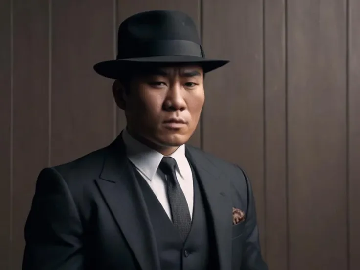 asian,anger,rage,gun <lora:gan2_video:0.5>, Suave mobster. Dark, sharply tailored suit. Crisp white shirt. Tie that echoes power. Half-hidden face under a classic fedora hat. Piercing eyes that speak volumes. Vintage cigar in hand. Mysterious smoke. Dimly lit room reminiscent of an underground speakeasy. Rows of liquor bottles in the background. Rich wooden decor. Vintage feel. Palpable tension. Cool, unshakeable demeanor