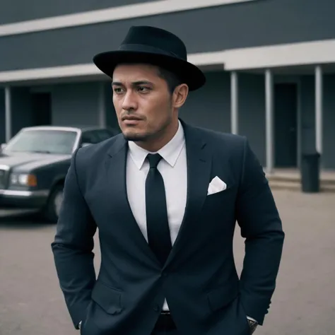 <lora:dogking:0.35>, Suave mobster. Dark, sharply tailored suit. Crisp white shirt. Tie that echoes power. Half-hidden face under a classic fedora hat. Piercing eyes that speak volumes. Vintage cigar in hand. Mysterious smoke. Dimly lit room reminiscent of an underground speakeasy. Rows of liquor bottles in the background. Rich wooden decor. Vintage feel. Palpable tension. Cool, unshakeable demeanor