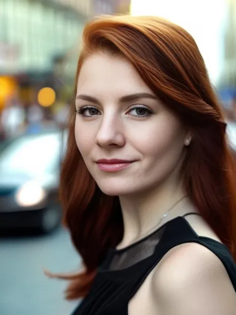 a young woman with red hair wearing a black dress in front of a busy street and looking at the camera, medium close-up shot
