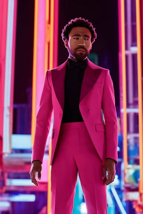 modelshoot style Donald Glover wearing a high fashion outfit at the neon warehouse