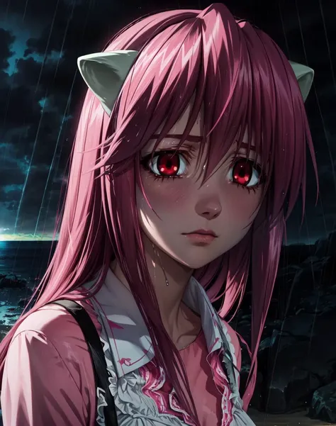 best quality, octane render, Lucy, red eyes, pink hair, white diclonious horns, on a beach at night, upper body, darkness, rain, long pink hair, insanely detailed eyes, wet hair, pretty face, sad, lost, <lora:ElfenLied3:.9> <lora:LowRA:.4> <lora:LucyV1:.5>