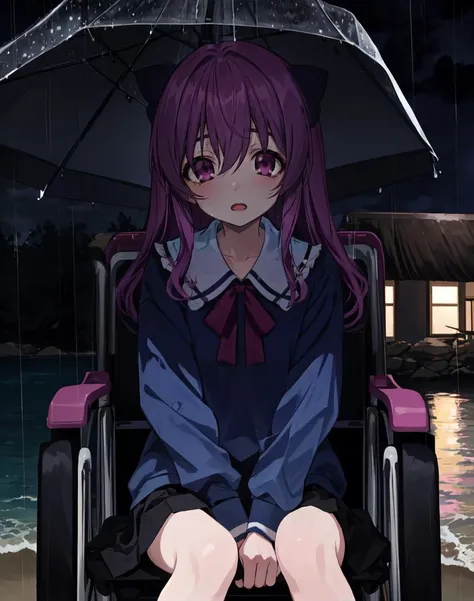 Mariko, Diclonious, on a beach at night, dark blue shirt, skirt, darkness, rain, detailed long curly pink hair, insanely detailed eyes, crazy expression, in a wheelchair, <lora:ElfenLied3:.9> <lora:LowRA:.4>