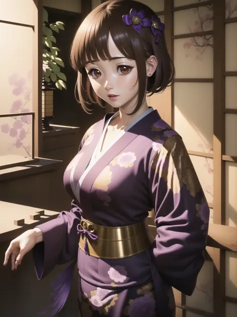 masterpiece, best quality, photorealistic, <lora:ElfenLiedV9prn:0.9>, Yuka, woman, medium breasts, purple kimono, short (brown hair:1.2), pretty face, super detailed eyes, fit, athletic, high detail skin, intricately detailed hair, intricately detailed kimono, inside traditional Japanese home, grandfather clock, detailed fingers, (vibrant color:1.2), colorful, closed hand