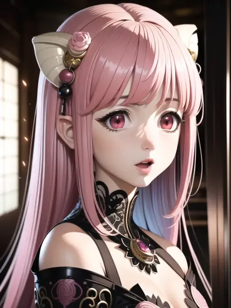 masterpiece, best quality, photorealistic, <lora:ElfenLiedV9:0.7>, Lucy, small breasts, black dress, long (light pink hair:1.2), pretty face, super detailed eyes, fit, athletic, high detail skin, intricately detailed hair, intricately detailed dress, inside traditional Japanese home, grandfather clock, white (Diclonious horns:1.2), (vibrant color:1.2), colorful,
