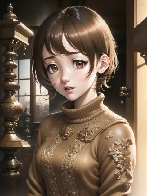 masterpiece, best quality, photorealistic, <lora:ElfenLiedV9prn:0.7>, Mayu, Sweater, small breasts, short (brown hair:1.2), pretty face, super detailed eyes, fit, athletic, high detail skin, intricately detailed hair, intricately detailed sweater, inside traditional Japanese home, grandfather clock, (vibrant color:1.2), colorful, RayTrace