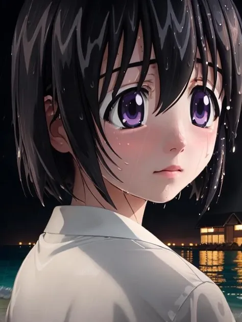 masterpiece, best quality, octane render, Yuka, on a beach at night, darkness, rain, detailed short brown hair, insanely detailed eyes, wet hair, pretty face, sad, lost, <lora:ElfenLied3RS:1>
