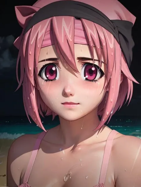 masterpiece, best quality, octane render, Nana, on a beach at night, darkness, rain, detailed short pink hair, bandana, insanely detailed eyes, wet hair, pretty face, sad, lost, <lora:ElfenLied3RS:1>