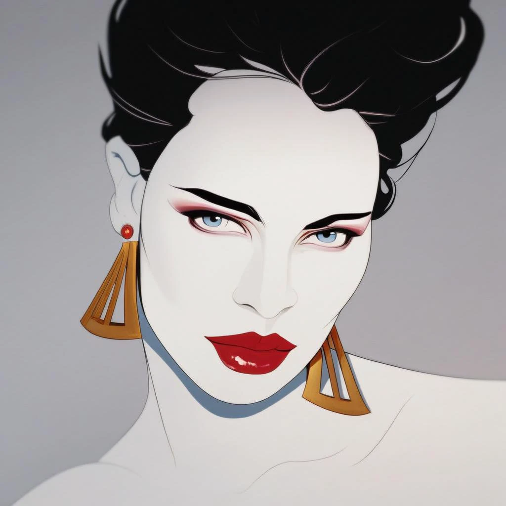 etpzzgl, 1girl, solo, earrings, jewelry, black hair, looking at viewer, makeup, lipstick, red lips, colored skin, white skin, flat color, vector art, 1980s vibes, score_9, score_8_up, score_7_up, score_6_up, score_5_up, score_4_up