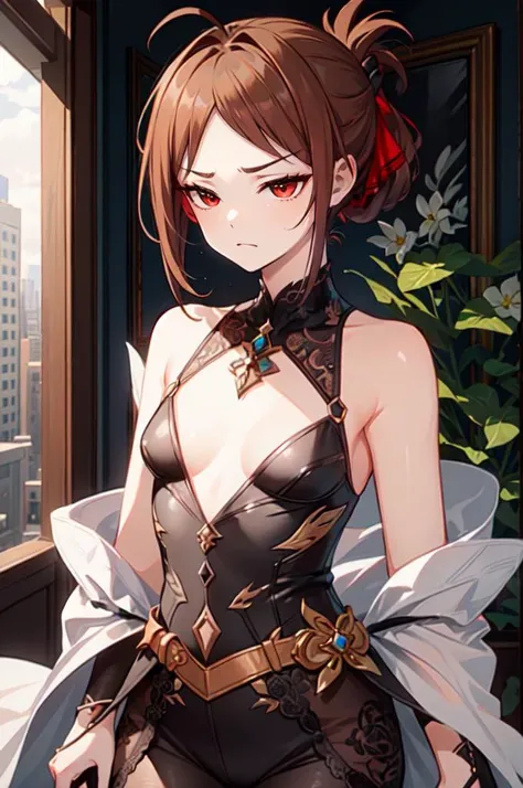 <lora:Moth-Fashion-v1:1> moth, cowboy shot,, ultra detailed, masterpiece, best quality, aesthetic, detailed,, solo, frown,
1girl, red eyes, <lora:Tsurime3:1>, (tsurime:1.2), (brown hair:1.3), medium hair, (asymmetrical bangs, swept bangs, cowlick:1.35), flipped hair, <lora:foldedponytail:0.8> foldedponytail, folded ponytail, (small breasts:1.3),