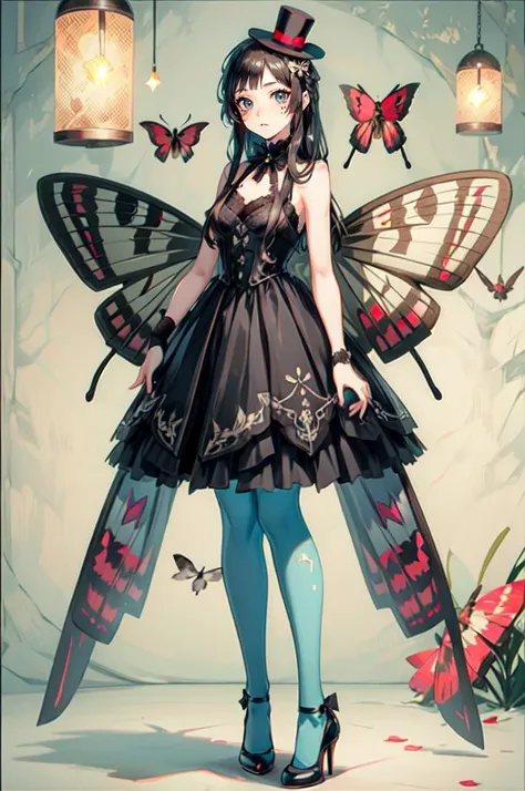 <lora:Moth-Fashion-v1:1.3> (moth:1.2), cowboy shot, <lora:akiyama_mio:0.45> ccmio,don't say "lazy",black eyes,facepaint,long hair,hime cut,blunt bangs,mini top hat,black dress,(sleeveless dress:1.2),frills,striped gloves,fingerless gloves,single glove,skirt,(blue pantyhose:1.4),high heels,black footwear,, ultra detailed, masterpiece, best quality, aesthetic, detailed,