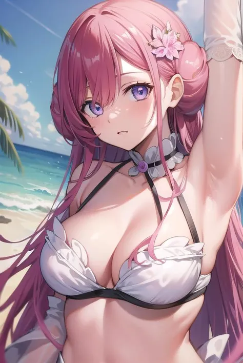 euphemia, <lora:euphemiatest:1>, euphemia li britannia, doughnut hair bun, hair bun, hair flower, hair ornament, long hair, pink hair, (purple eyes:1.1),
BREAK bikini,
BREAK looking at viewer,
BREAK outdoors, beach,
BREAK <lora:GoodHands-vanilla:1>, (masterpiece:1.2), best quality, high resolution, unity 8k wallpaper, (illustration:0.8), (beautiful detailed eyes:1.6), extremely detailed face, perfect lighting, extremely detailed CG, (perfect hands, perfect anatomy),