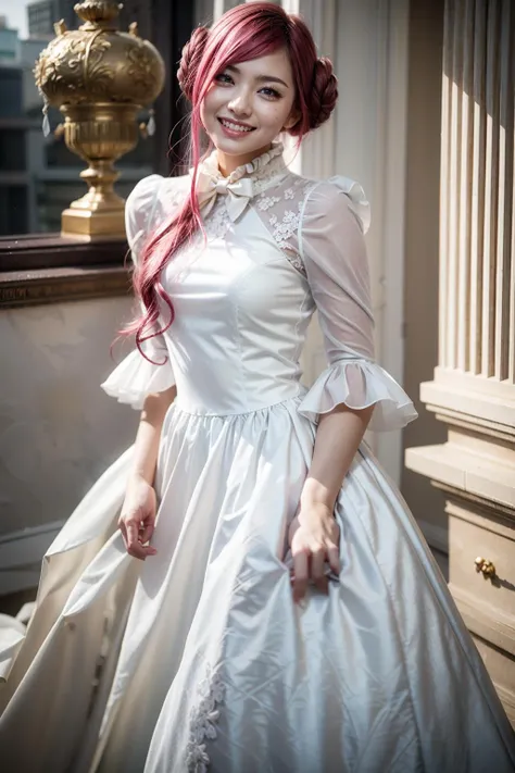 (realistic:1.3), finely detailed, quality, rembrandt lighting, (masterpiece:1.2), (photorealistic:1.2), (best quality), (detailed skin:1.3), (intricate details), dramatic, ray tracing, 1girl, 21 years old, detailed skin texture, (blush:0.5), (goosebumps:0.5), subsurface scattering, smiling, medium breasts, euphemia li britannia, doughnut hair bun, hair bun, hair flower, hair ornament, long hair, pink hair, bow, white and pink dress, long dress, (frilled high collar:1.2), neck flower, ascot, frilled shoulders, frilled sleeves, lace, ribbon, full body, (bright sunny day), <lora:euphemiatest:1>