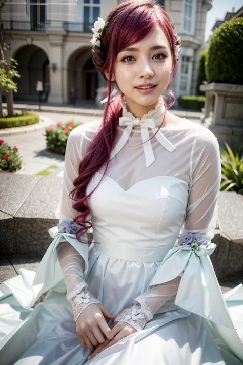 (realistic:1.3), finely detailed, quality, rembrandt lighting, (masterpiece:1.2), (photorealistic:1.2), (best quality), (detailed skin:1.3), (intricate details), dramatic, ray tracing, 1girl, 21 years old, detailed skin texture, (blush:0.5), (goosebumps:0.5), subsurface scattering, smiling, medium breasts, euphemia li britannia, doughnut hair bun, hair bun, hair flower, hair ornament, long hair, pink hair, bow, white dress, frilled high collar, neck flower, ascot, frilled shoulders, sleeves, lace, ribbon, full body, (bright sunny day), <lora:euphemiatest:1>