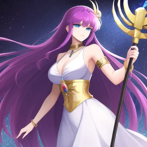 <lora:Kido_Saori:0.45>, Kido_Saori, big_breasts, purple_hair, blue_eyes, staff, white_dress, armlet, jewelry