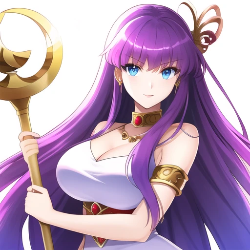 <lora:Kido_Saori:0.45>, Kido_Saori, big_breasts, purple_hair, blue_eyes, staff, white_dress, armlet, jewelry