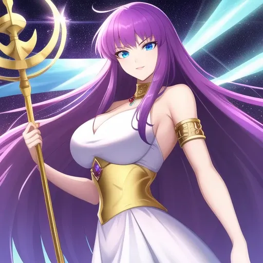 <lora:Kido_Saori:0.45>, Kido_Saori, big_breasts, purple_hair, blue_eyes, staff, white_dress, armlet, jewelry