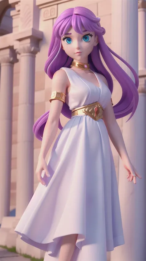 absurdres, 1girl, medium breast,<lora:Kido_Saori:0.8>, Kido_Saori, big_breasts, purple_hair, blue_eyes, staff, white_dress, armlet, jewelry, (realistic:1.5), (blue eyes:0.85), (masterpiece, Extremely detailed CG unity 8k wallpaper, best quality, highres:1.2), (ultra_detailed, UHD:1.2), perfect illumination, distinct, (1girl:1.4), unreal engine, sidelighting, perfect face, detailed face, bangs, perfect body, beautiful eyes, pretty face, (bright skin:1.4), greek temple, soft light, realistic skin, perfect shoes, (white long dress:1.3), realistic eyes, (photorealistic:1.4), standing, (looking at viewer:1.3). <lora:GoodHands-vanilla:1> SFW, <lora:blindbox_v3:0.9>, chibi.