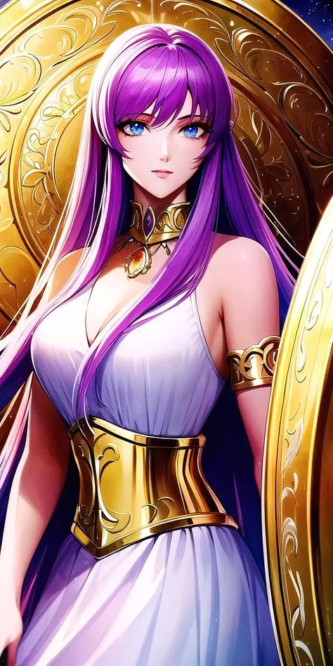 <lora:Kido_SaoriV3:0.7>, Kido_Saori, standing, solo, large_breasts, saori_sleeveless_white_dress, saori_accessories, staff_Nikke, athena_shield, masterpiece, best quality, detailed face, detailed eyes, highres,