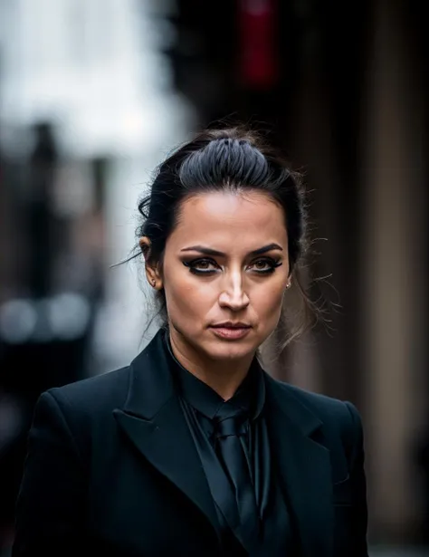 extremely high quality RAW photograph of woman, wearing john wick costume, in street, (portrait), (skin details, high detailed skin texture), ((photorealistic), film grain), 8k high definition, insanely (detailed face), detailed eyes, (photo), (photograph),highly detailed, sharp focus, 4k, focus on eyes,bokeh, staring at camera, ,gigapixel,by hasselblad, makeup, eyeliner, green detailed eyes, <lora:anadearmas_1:1.35:0,0.1,0.2,0.3,0.4,0.5,0.6,0.7,0.8,0.9,0.8,0.7,0.6,0.5,0.4,0.3,0.2>,