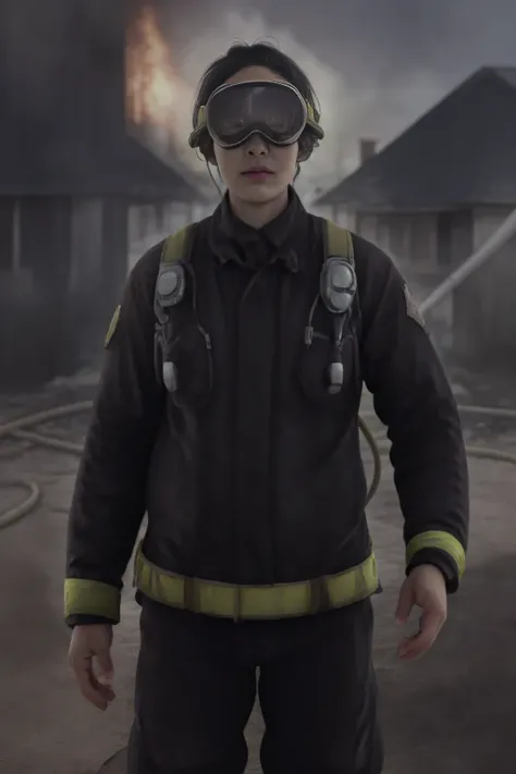 (firefighter suit:1.5), ultra high res, 20 years old, man, (Apple_Vision_Pro), <lora:Apple_Vision_Pro:0.8>,4k ,hd ,((outside a wasteland house fire)), (best quality, masterpiece:1.2), ((( View from oblique))), fire