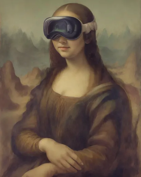 fantasy, fantasy art, 80's fantasy art, 90's fantasy art, retro, photorealistic, realistic, watercolor, oil painting, science fiction, scifi, D&D character, fantasy poster, analog style, volumetric lighting, subsurface scattering, photoreal, fantasy character, perfect body, masterpiece, intricate, detailed, hyperrealistic mona lisa wearing a vr headset, dark dress, <lora:Apple_Vision_Pro:0.6>, <lora:add_detail:0.12>,