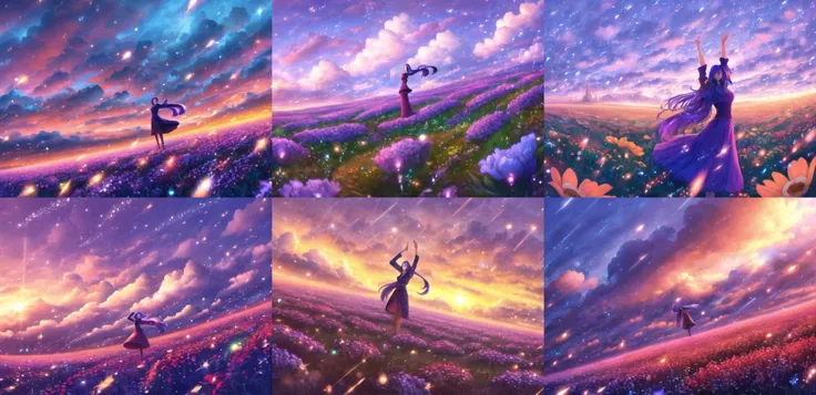 <lora:sakimori-000017:1>, unknown, original, sakimori (hououbds), 1girl, arms up, cloud, dutch angle, field, flower, flower field, lens flare, light particles, long hair, looking up, purple hair, rain, scenery, solo, sparkle, standing, very long hair