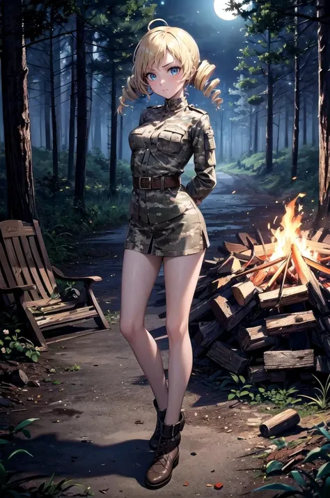 (masterpiece, best quality, detailed), 1girl, solo, looking at viewer, catherine, drill hair,
<lora:camouflage_uniform04:0.5>, wearing camouflage_uniform, (campfire), night, nature, night sky, forest, full body, arms behind back, closed mouth, serious