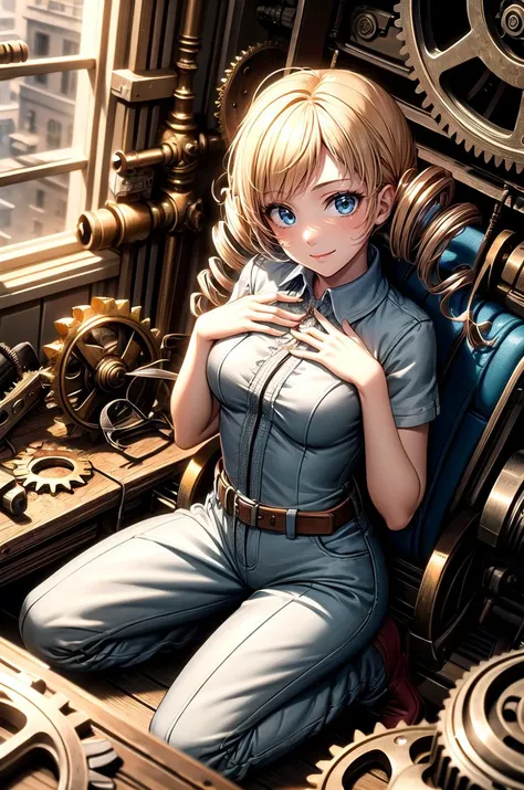 (masterpiece, best quality, detailed), 1girl, solo, looking at viewer, catherine, drill hair,
(mechanic, orange jumpsuit), <lora:gearEntangle:0.5>, gear, machine, indoors, clock, chair, table, book stack, kneeling, hand on own chest, smile, closed mouth, seductive smile