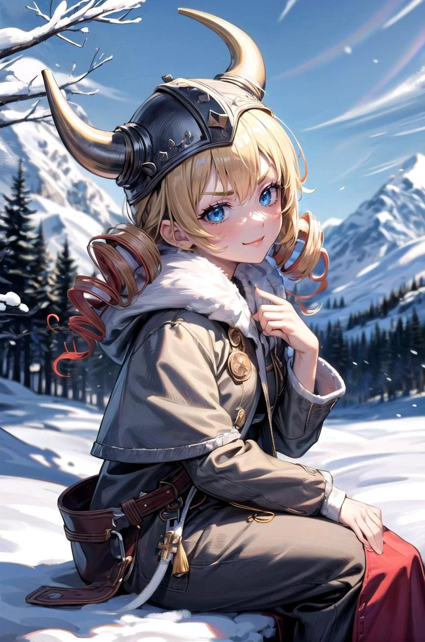 (masterpiece, best quality, detailed), 1girl, solo, looking at viewer, catherine, drill hair,
<lora:AncientVikings:0.9>, ancient viking, viking helmet, horned helmet, fur trim, helmet, outdoors, winter, mountain, snow, bare tree, scenery, sitting, from side, smile, closed mouth, v-shaped eyebrows, blush, smug