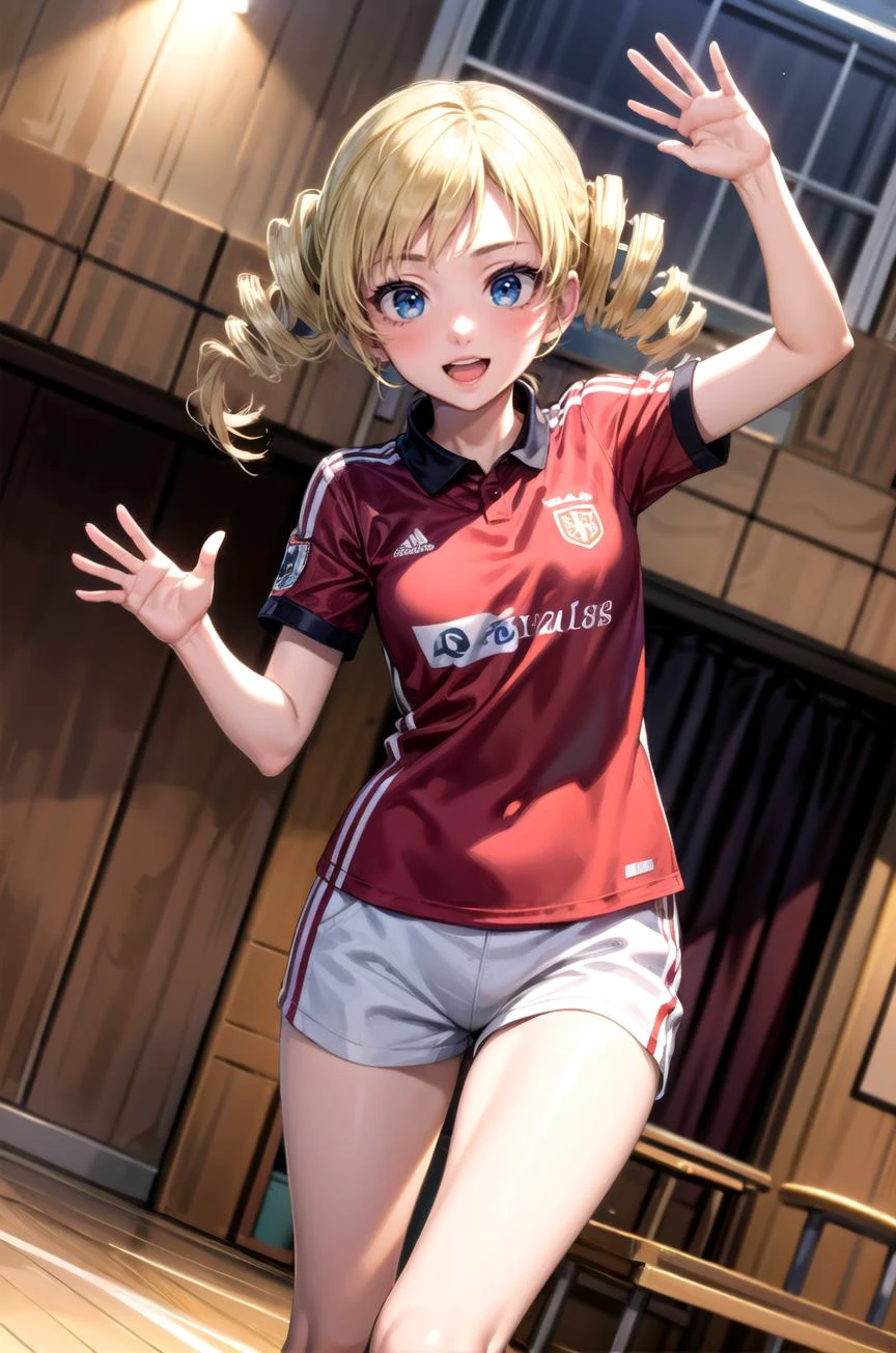 (masterpiece, best quality, detailed), 1girl, solo, looking at viewer, catherine, drill hair,
<lora:Soccer Uniform By Stable Yogi:0.5>, soccer uniform, <lora:school_gym_v0.1:1>, school gym, dutch angle, waving, hand up, arm up, walking, smile, open mouth