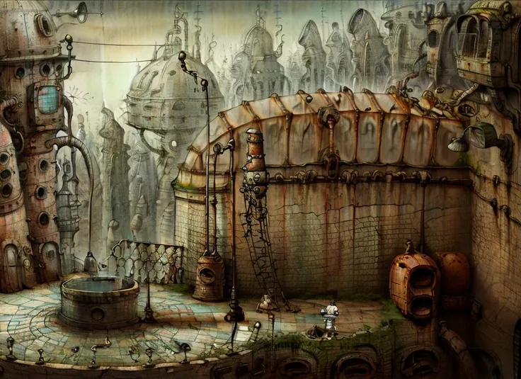 <lora:machinarium_10:1>
masterpiece,best quality,toon,pixar style,simple design,mini sence, machinarium,
floating city, steampunk, gear, interior,