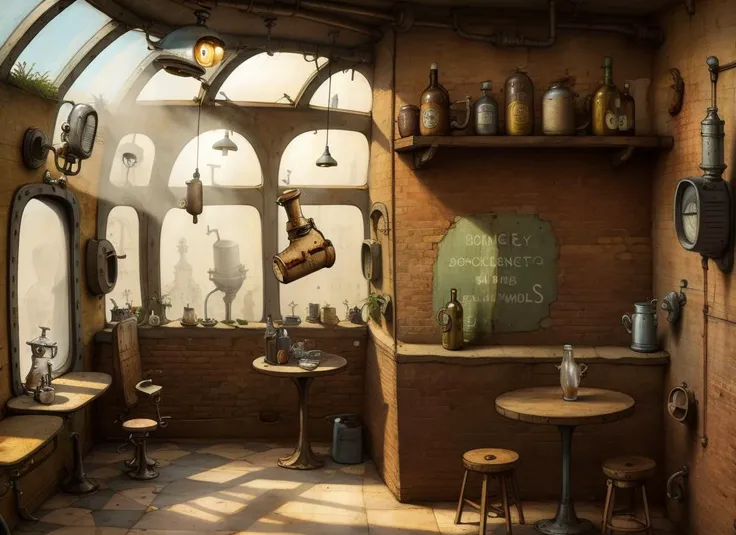 <lora:machinarium_05:0.7>
masterpiece,best quality,toon,pixar style,simple design,mini sence, machinarium,
(interior:1.3), steampunk, bar, window, sunny