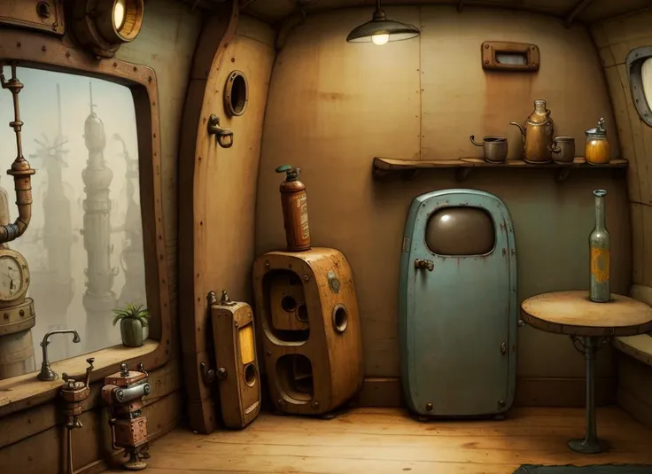 <lora:machinarium_05:0.7>
masterpiece,best quality,toon,pixar style,simple design,mini sence, machinarium,
(interior:1.3), steampunk, bar, window, sunny