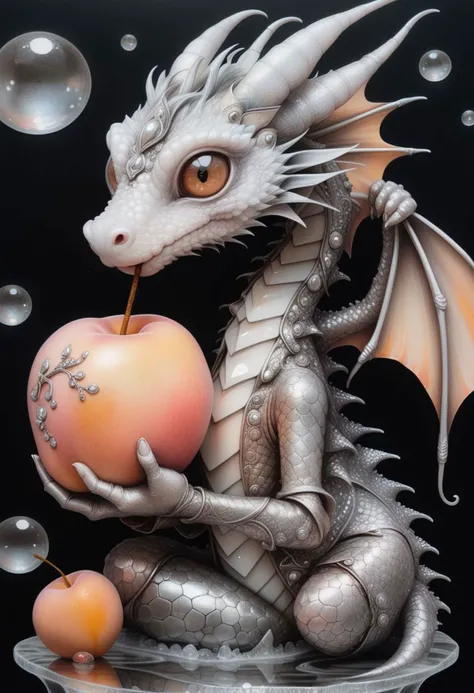 "(close-up), adorable tiny silver dragon, HOLDING A PEACH, by a cove, ice, sparkles, dreamy, optical illusion, (obtuse-shaped:1.3), ethereal enchantment meets mixed media collage, on a complex sketch sheet, against a grunge cocoa brown and charcoal background, triple exposure, japanese ink, perfect eyes, perfect fingers, perfect body, immaculate composition, esao andrews, anne stokes, katsuya terada, brian viveros, dynamic light and shadow, complex pose, hyperrealism"